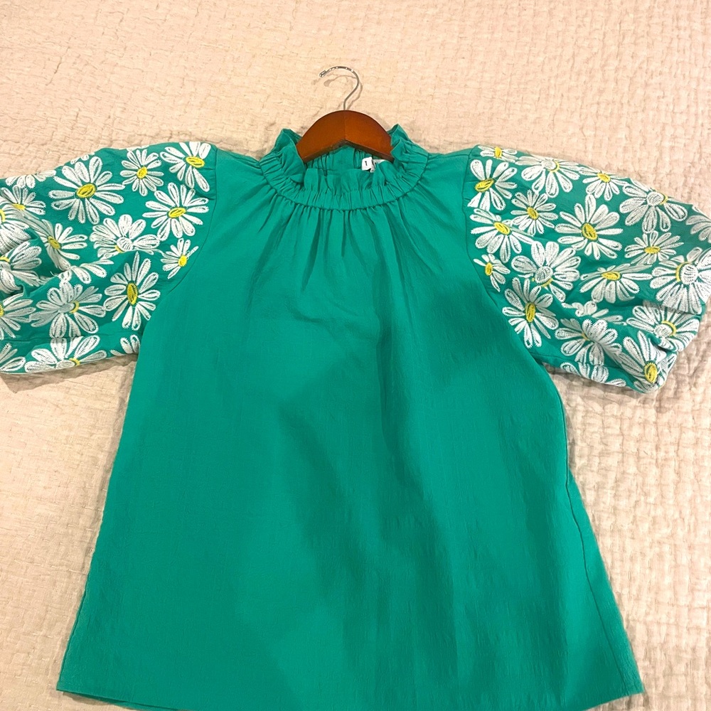 THML Teal Green Blouse with White Daisy Embroidered Sleeves